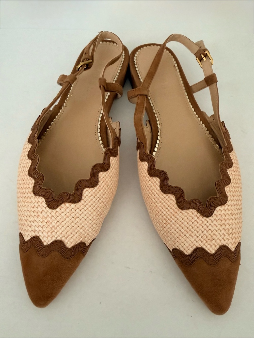Boden Ric Rac Two-Tone Woven Pointed Slingback Flats in Natural and Brown